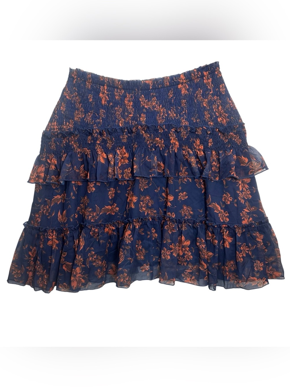 CUPSHE Navy Orange Floral Smocked Tiered Ruffle Mini Skirt XL NWT Boho - Picture 2 of 10